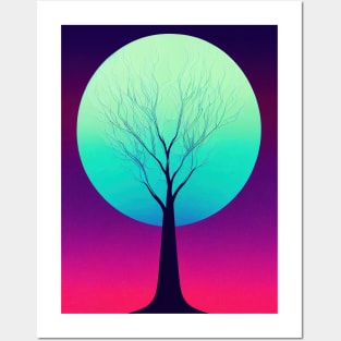 Lonely Tree Under a Blue Full Moon -Vibrant Colored Whimsical - Abstract Minimalist Bright Colorful Nature Poster Art of a Leafless Branches Posters and Art